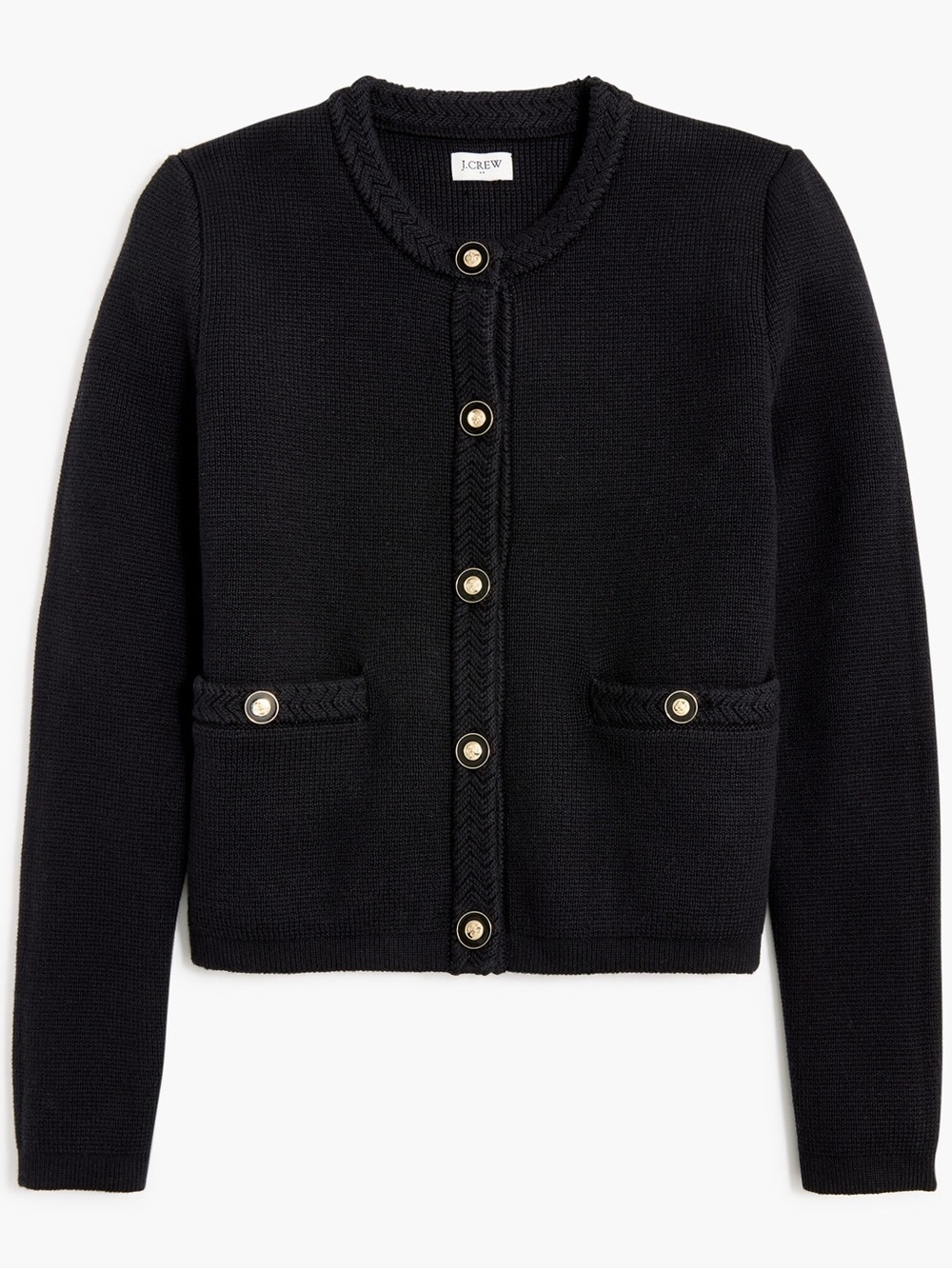 J. Crew Black Knit Cardigan with Gold Buttons & Braided Trim